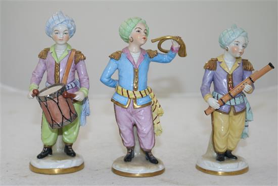 A set of six Sitzendorf porcelain figures of Ottoman band musicians, early 20th century, 15cm - 16cm